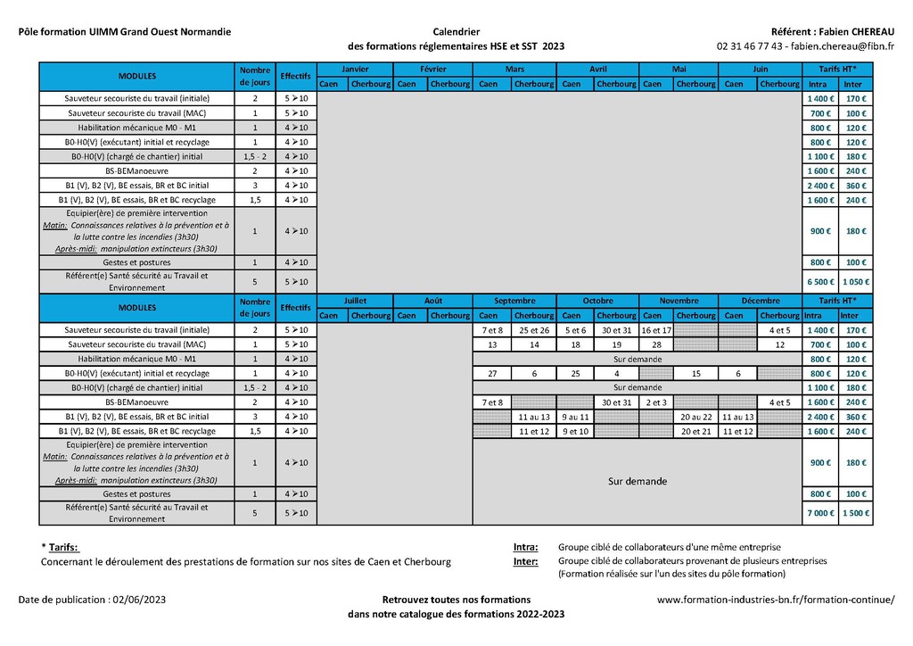 Calendrier des formations réglementaires HSE et SST sept-2023