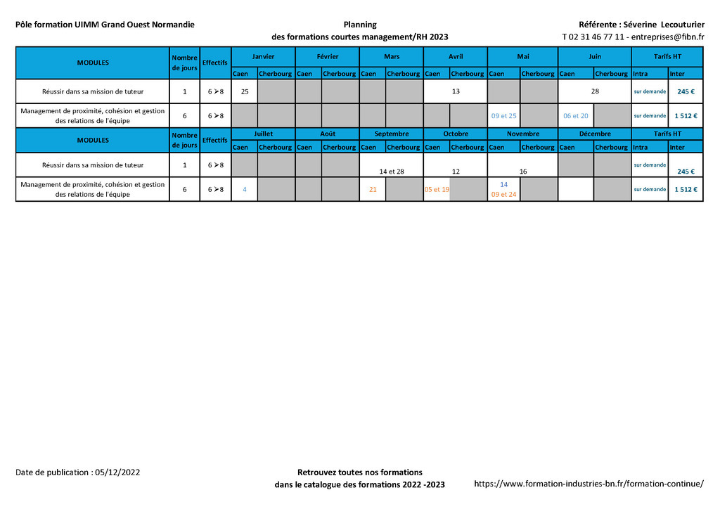 Planning des formations RH et Management